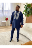 Ensemble chemise et pantalon pour homme bleu avec bazin